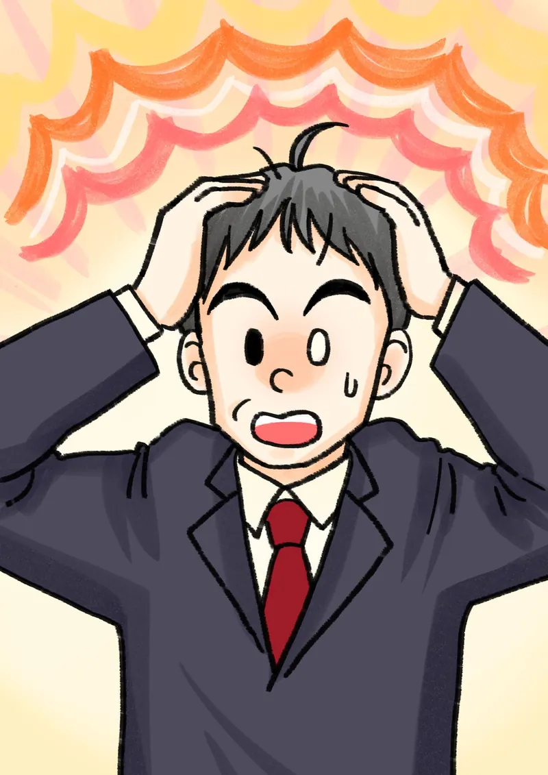 文字のないページ。頭を抱えて驚くぼく