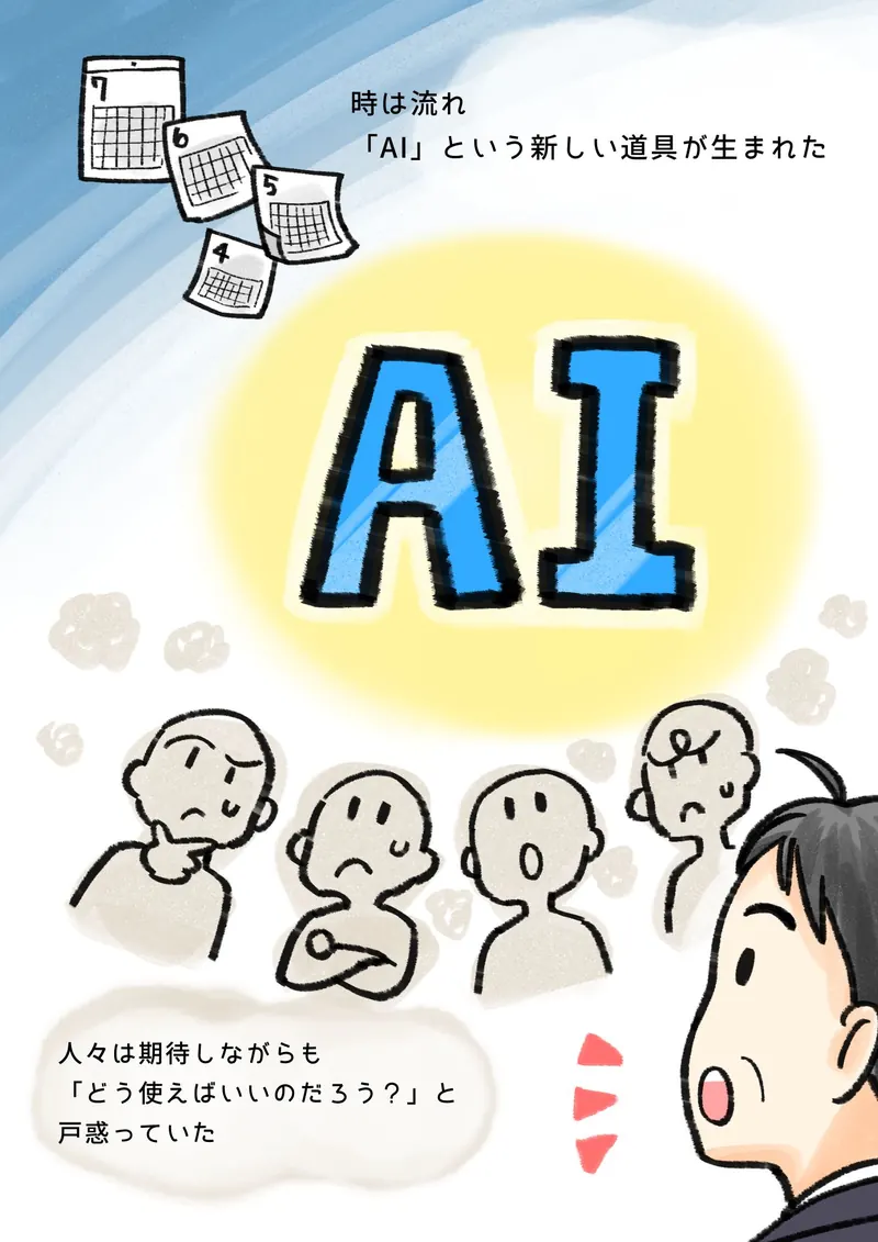 時は流れ　「AI」という新しい道具が生まれた　人々は期待しながらも　「どう使えばいいのだろう？」と　戸惑っていた（カレンダーがめくれ、光る「AI」の文字の下で、人々が戸惑っている）